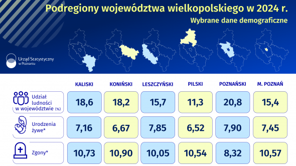 Podregiony województwa wielkopolskiego w 2024 r. - wybrane dane demograficzne